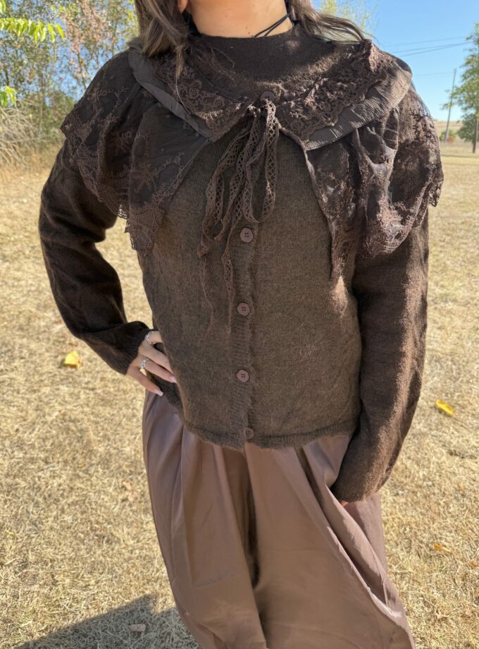tenue marron zenoya-paris, cardigan maille avec grand col dentelle amovible et jupe à paris