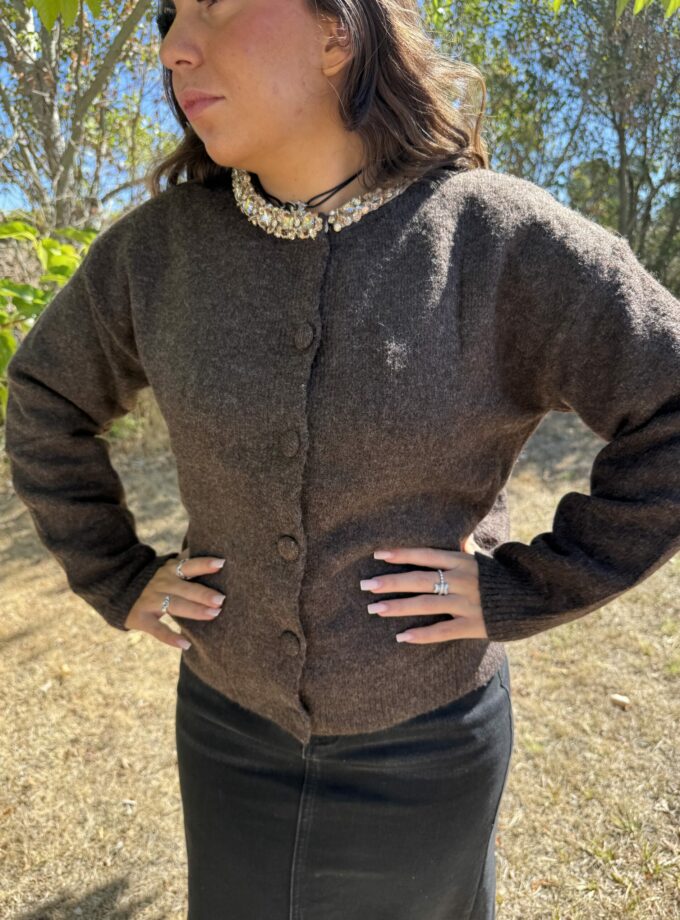 gilet marron en laine zenoya-paris avec col bijou et jupe noire à paris